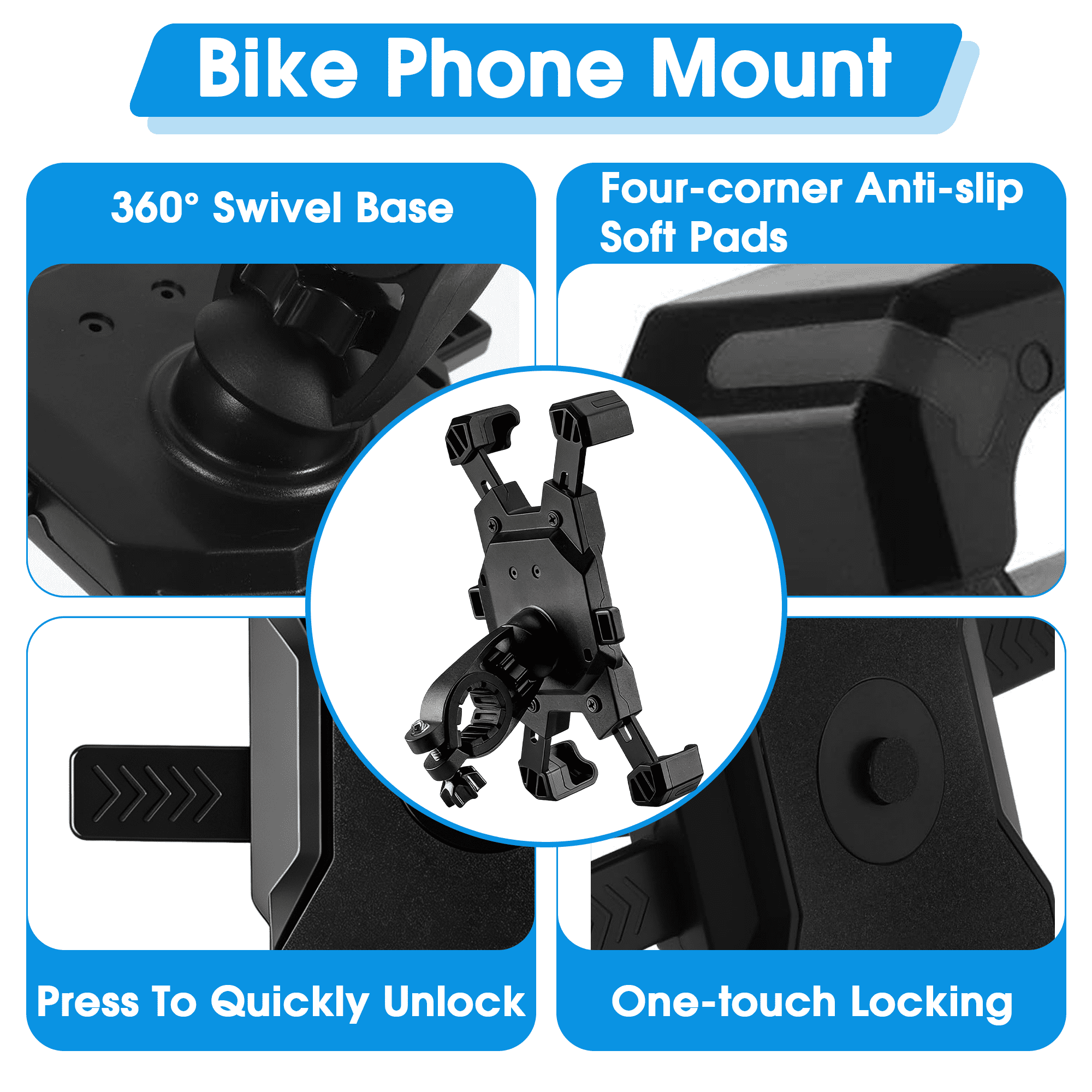 Bike Phone Mount, Adjustable Motorcycle Phone Holder, 360° Rotatable Handlebar Phone Mount, Universal Cell Phone Cradle for Bicycle Scooter Stroller, Fits 3.5-6.8 Inch Smartphones