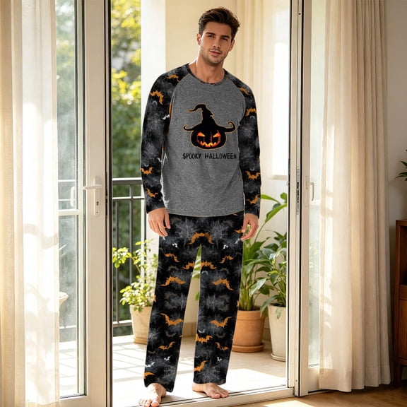 Mens Halloween Pajamas 2 Piece Set Crew Neck Halloween Shirts with Pj Pants Comfy Sleepwear Soft Loungewear
