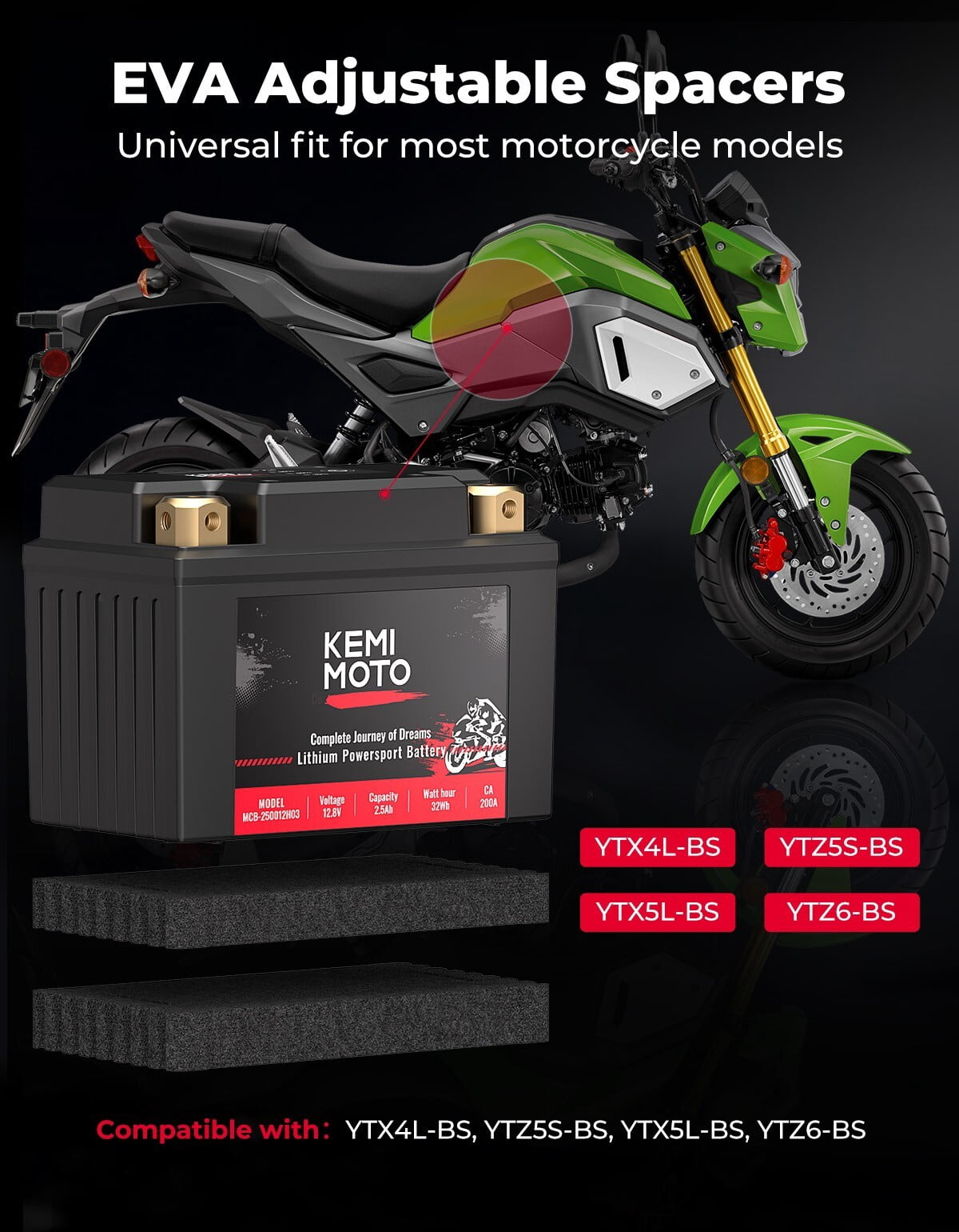 Kemimoto 2.5Ah LiFePO4 Lithium Motorcycle Battery YTX5L-BS / YTX4L-BS for Lawn Mower ATV