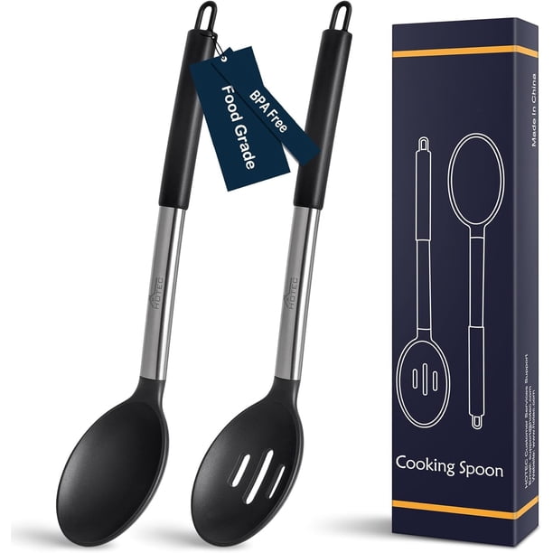 Cuchara de cocina de silicona resistente al calor, sin BPA, cucharas ranuradas sólidas, utensilios de cocina antiadherentes, para mezcla y porción, color negro