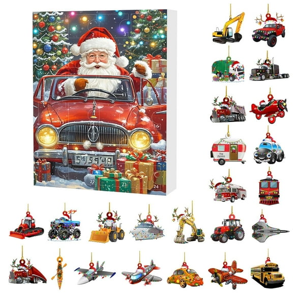 Xecvkr Christmas Countdown Cartoons Car Transport Pendant Set 24pcs Gift Box Holiday Tree Ornament Office Car Decoration 1 Set