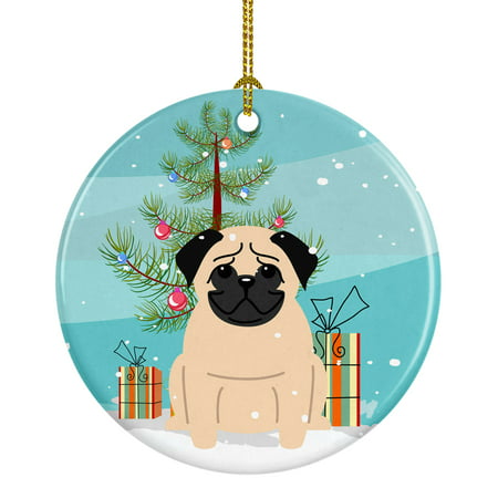 Merry Christmas Tree Pug Fawn Ceramic Ornament