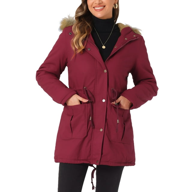 Chaqueta de parka de invierno para mujer Allegra K, abrigo acolchado largo, cálido, a prueba de viento, con capucha de piel sintética, XL, rojo oscuro