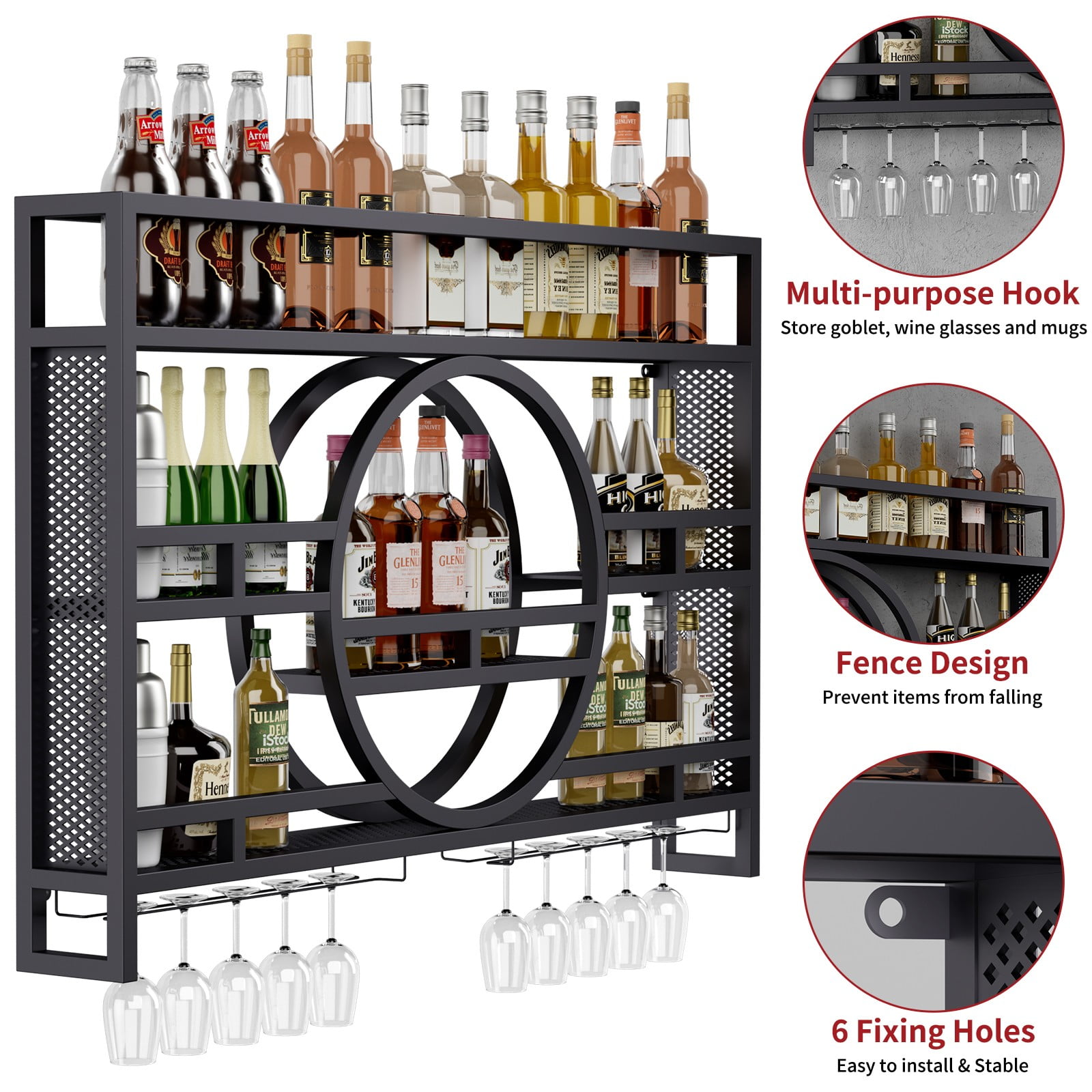 3-Tier Wine Rack Wall Mounted [NO ASSEMBLY REQUIRED], 39"Floating Bar Shelves with Wine Glass Holder Hanging Liquor Shelf Wall-Mounted Wine Racks Cabinets for Home Bar