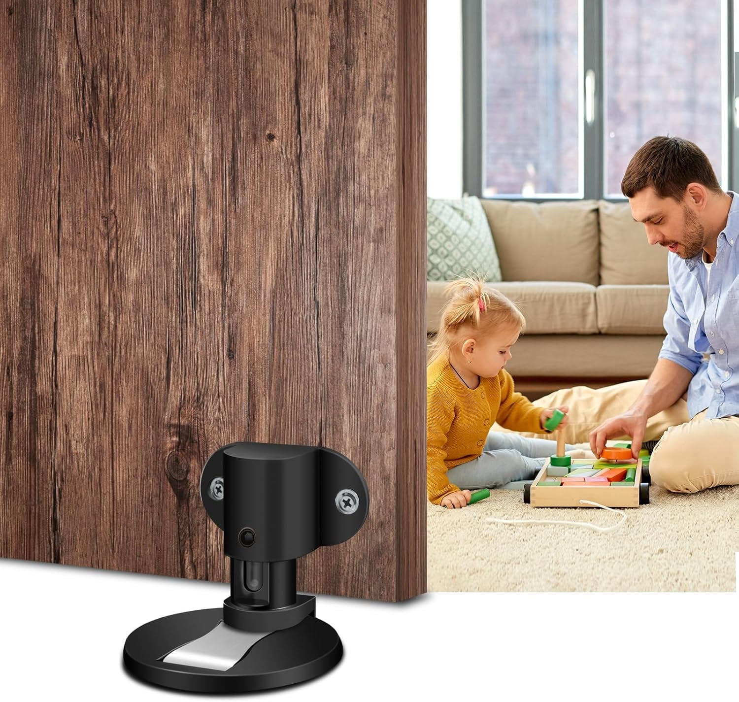 JJEAN-Invisible Magnetic Door Stopper,2 Pack Adjustable Door Stop 3M Double-Sided Adhesive Tape Or Drilling Installation,for Various Door Types, Floor Fixed (Black)