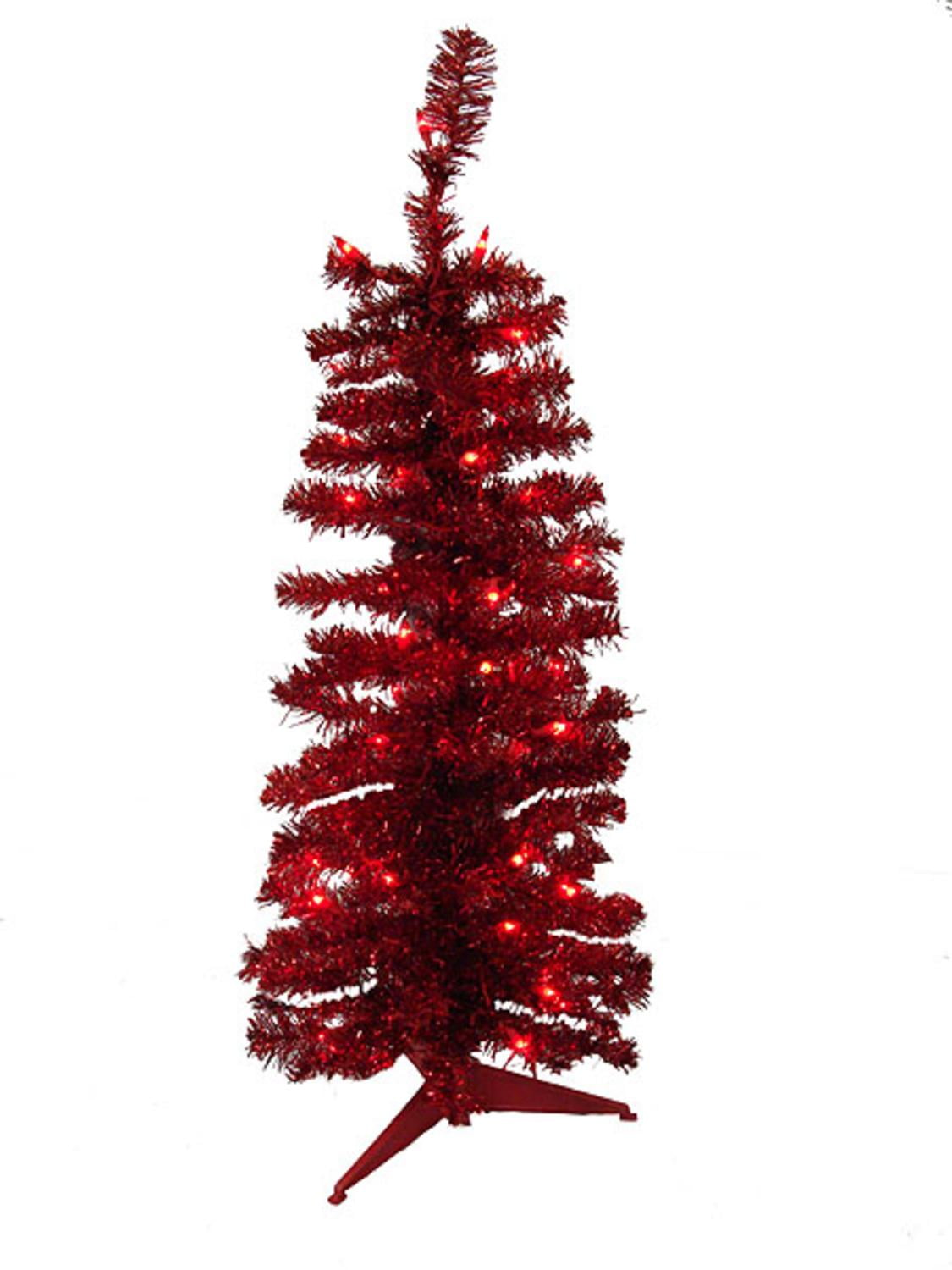 3' PreLit Red Artificial Pencil Tinsel Christmas Tree Red Lights