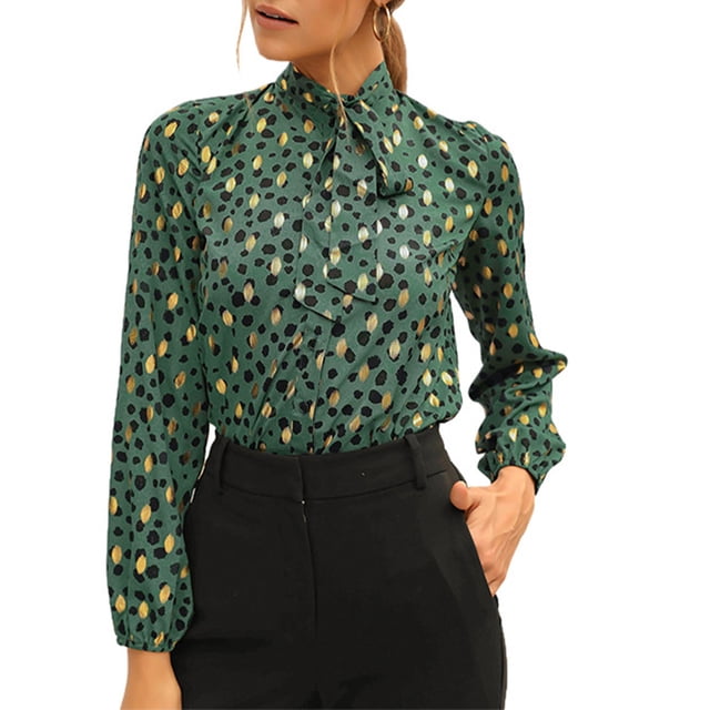 Camisa de manga larga estampada para mujer, camisa de gasa de manga larga informal a la moda con cuello levantado para compras en la oficina