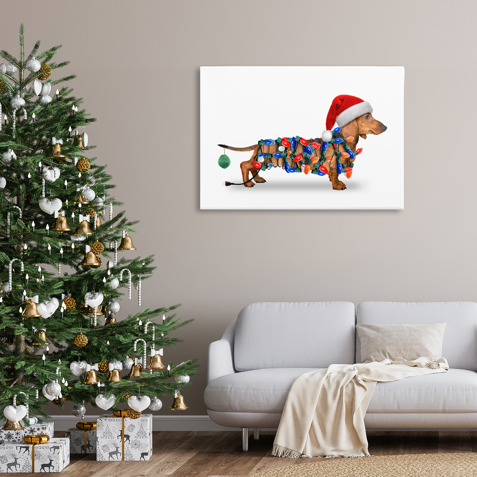 Stupell Industries Christmas Lights Wrapped Dog Holiday Painting Gallery Wrapped Canvas Art Prints Wall Art, 45 x 30