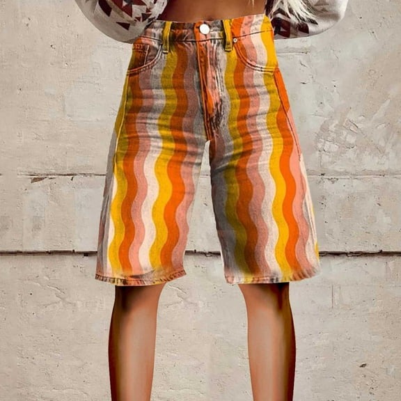 Stephy Flare Denim Shorts for Women Wide Leg Denim Shorts Woman Vintage Floral Print High Waisted Straight Stretch Pants with Pockets, Yellow, 3XL