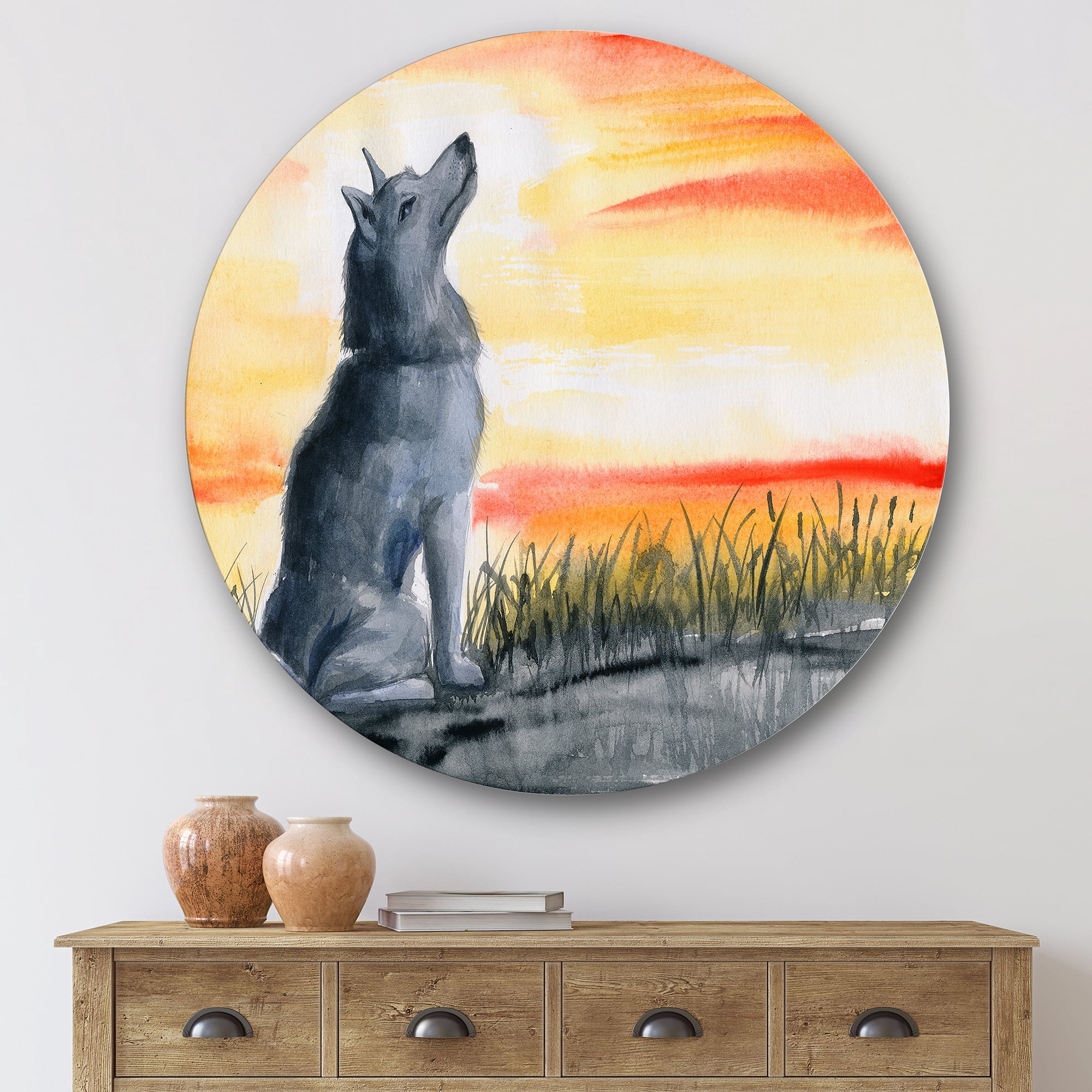 Designart 'Portrait Of Grey Wolf Howling At The Moon' Traditional Circle Metal Wall Art 29x29 - Disc of 29