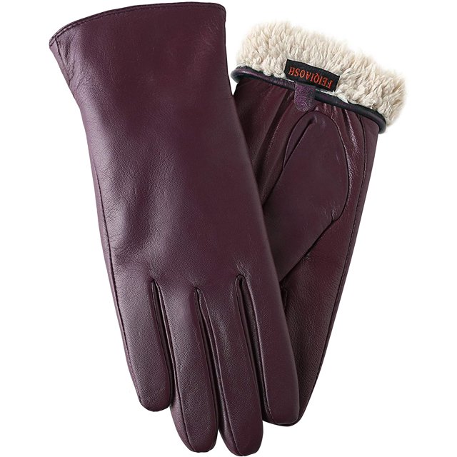Warm Fleece Lining Touchscreen Texting Driving Winter Womens Leather Gloves, Dark Purpel, Small