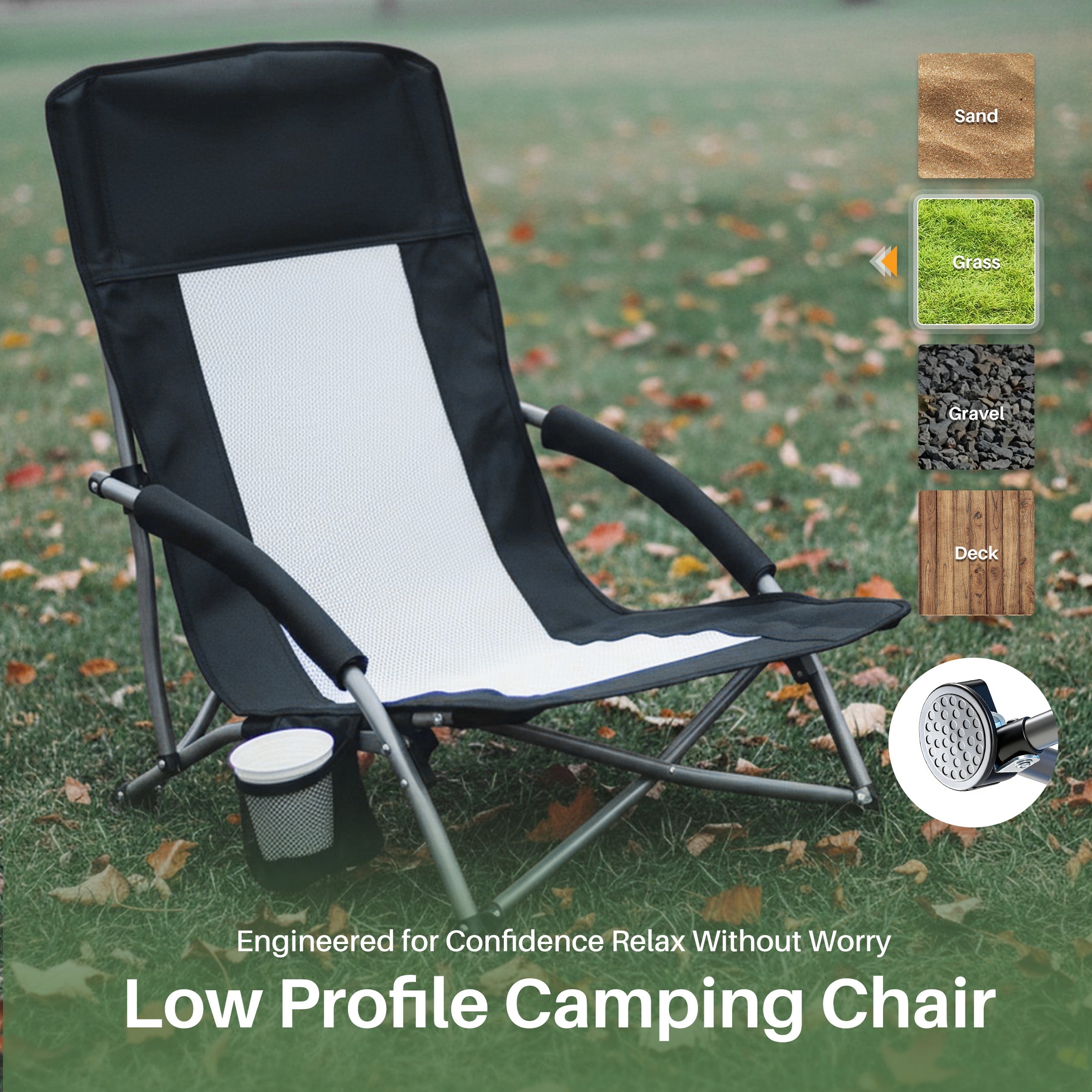 EDX Low Profile Camping Chair Portable Folding Beach Chair W/ Bag - Heavy Duty Breathable for Outdoor, Black
