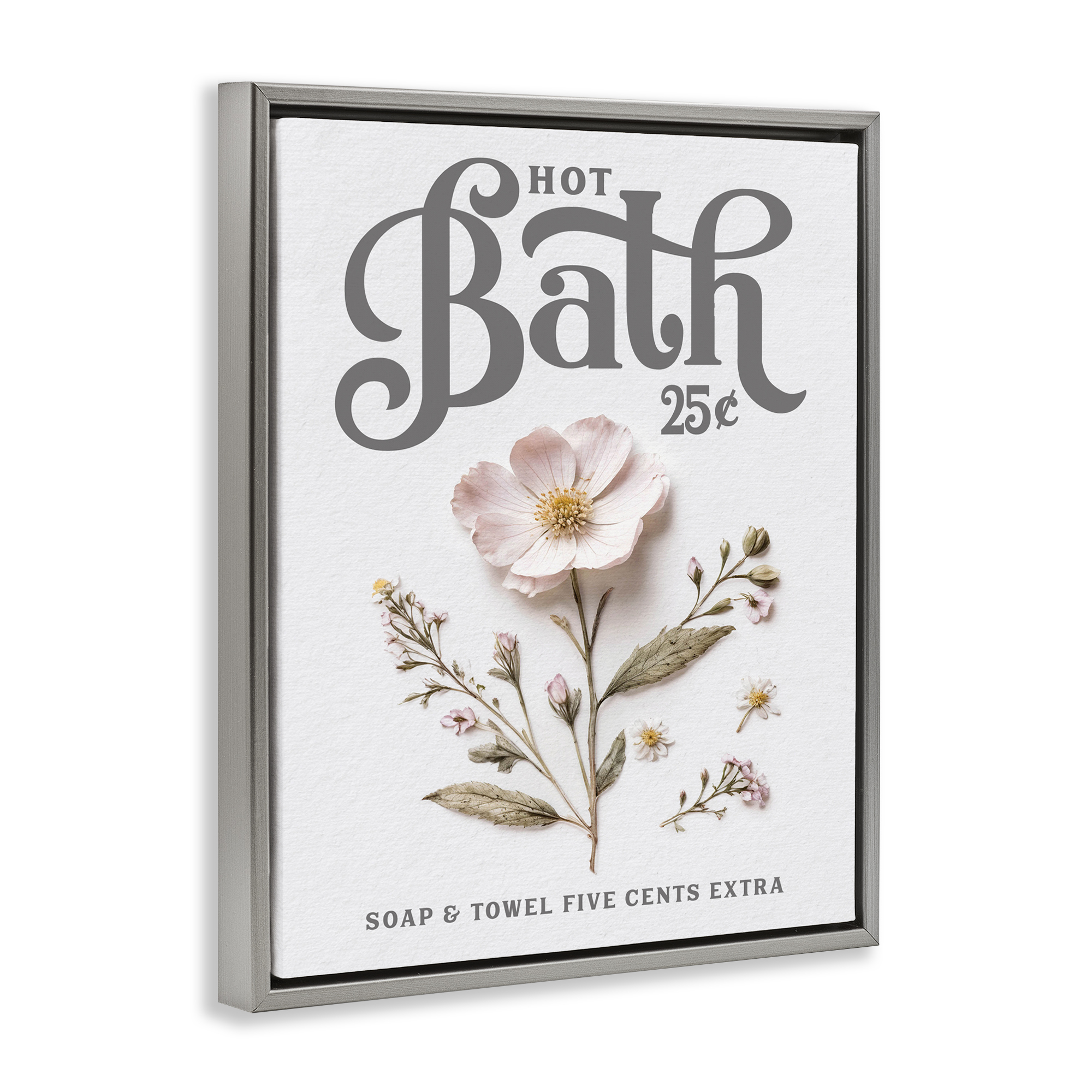 Pressed Flower Vintage Bath Gray Framed Floater Canvas Wall Art, design by Lettered and Lined