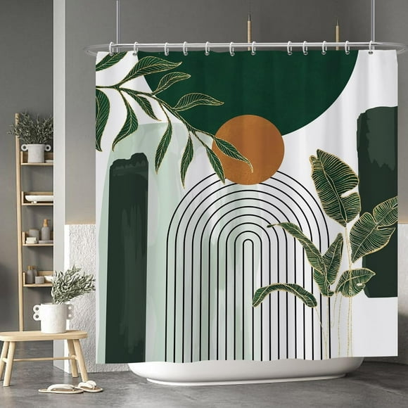 Rideau de Douche Abstrait Mi-Siècle Bohème Feuille Tropicale Moderne Minimaliste pour Salle de Bain Accessoire de Bain Vert Art Décor Tissu Durable avec Crochets 72x72 Pouces