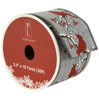 10 Yards - 2.5” Wired Snowy Red Cardinal Winter Ribbon with Gold Glitter  Accent