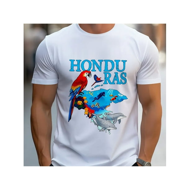 Camiseta para hombre con estampado de loro rojo y peces tropicales, temática de Honduras. 100 % algodón suave, corte holgado, cómoda para gimnasio, deporte y ropa informal, ideal para verano y todo el