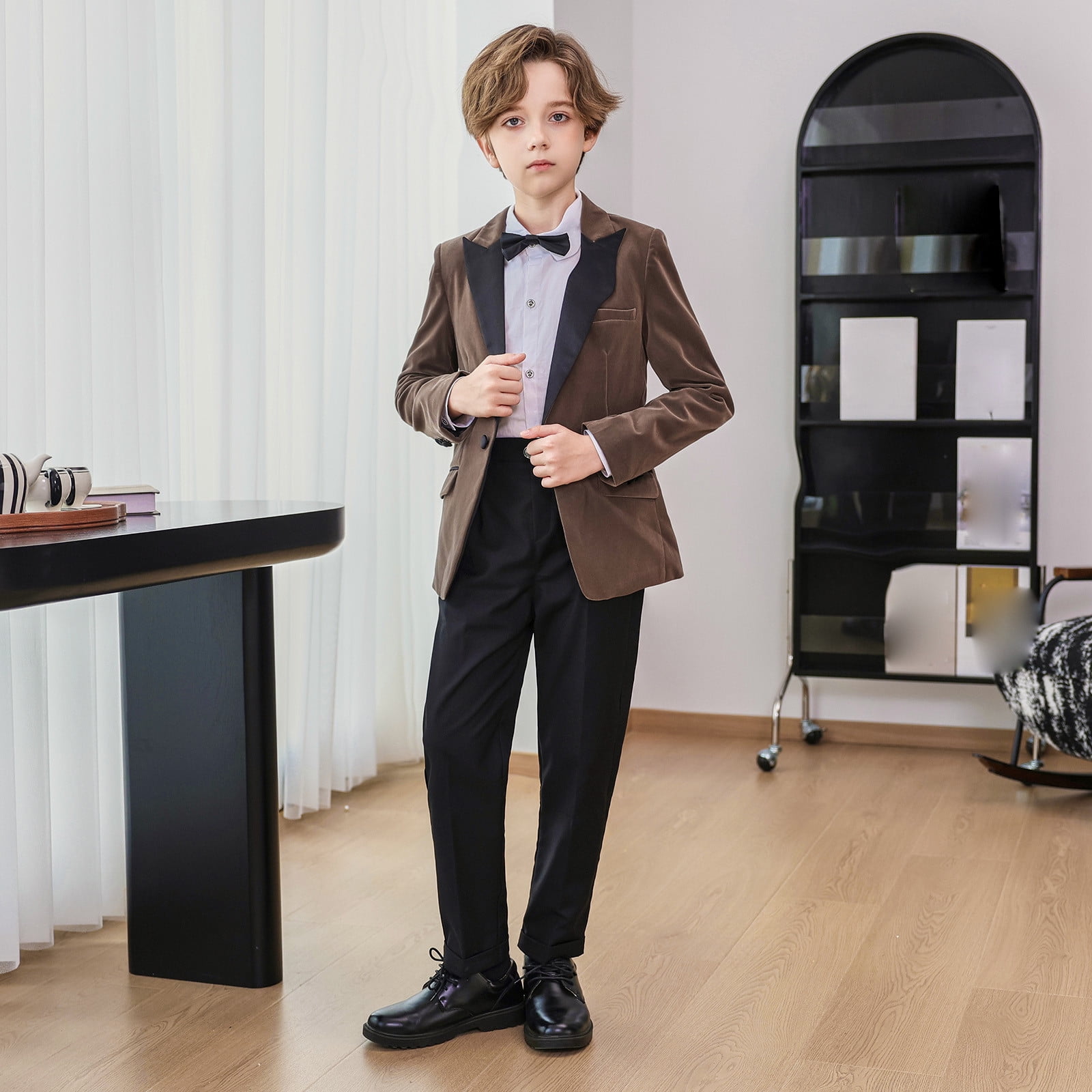 Boys Suits Wedding Ring Bearer Outfits with Blazer Jacket Dress Shirt & Pants Bow Tie 4 Piece Tuxedo Set