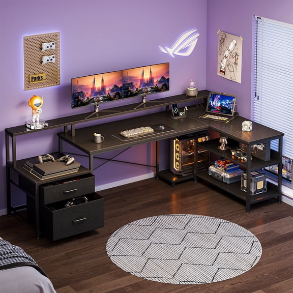 Casacomoda 75 inch L Shaped Desk with Power Outlets,Gaming Desk with Monitor Shelf,Computer Desk with File Drawer,Home Office Desk with Printer Stand & Storage Shelves,Corner Desk,Black