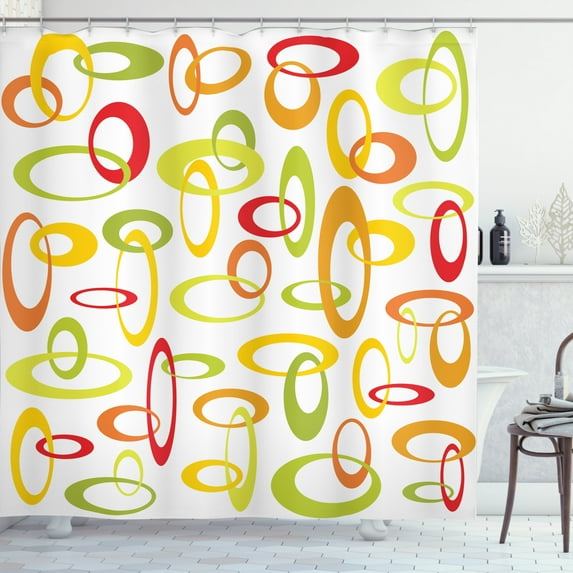 Abstract Geometry Shower Curtain, Citrus Tone Ovals Vertically and Horizontally Arranged Circles, Fabric Bathroom Set with Hooks, 69W X 84L Inches Extra Long, White and Multicolor, by Ambesonne