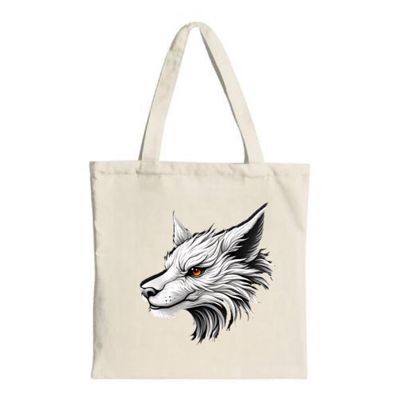 Stylish Canvas Tote Bag featuring a detailed wolf ' s head illustration with a striking orange eye perfect for shopping and travel