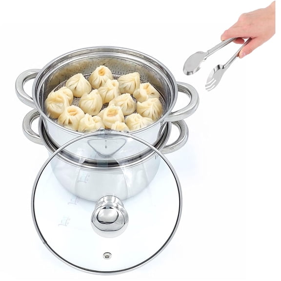 Stainless Steel Momo Steamer Pot With Glass Lid & Handles   Free Tong - Silver, 2 Liters | Gas & Induction Bottom - 2 Tier Steamer | Multipurpose Steamer For Momos, Khandvi, Modaks & More