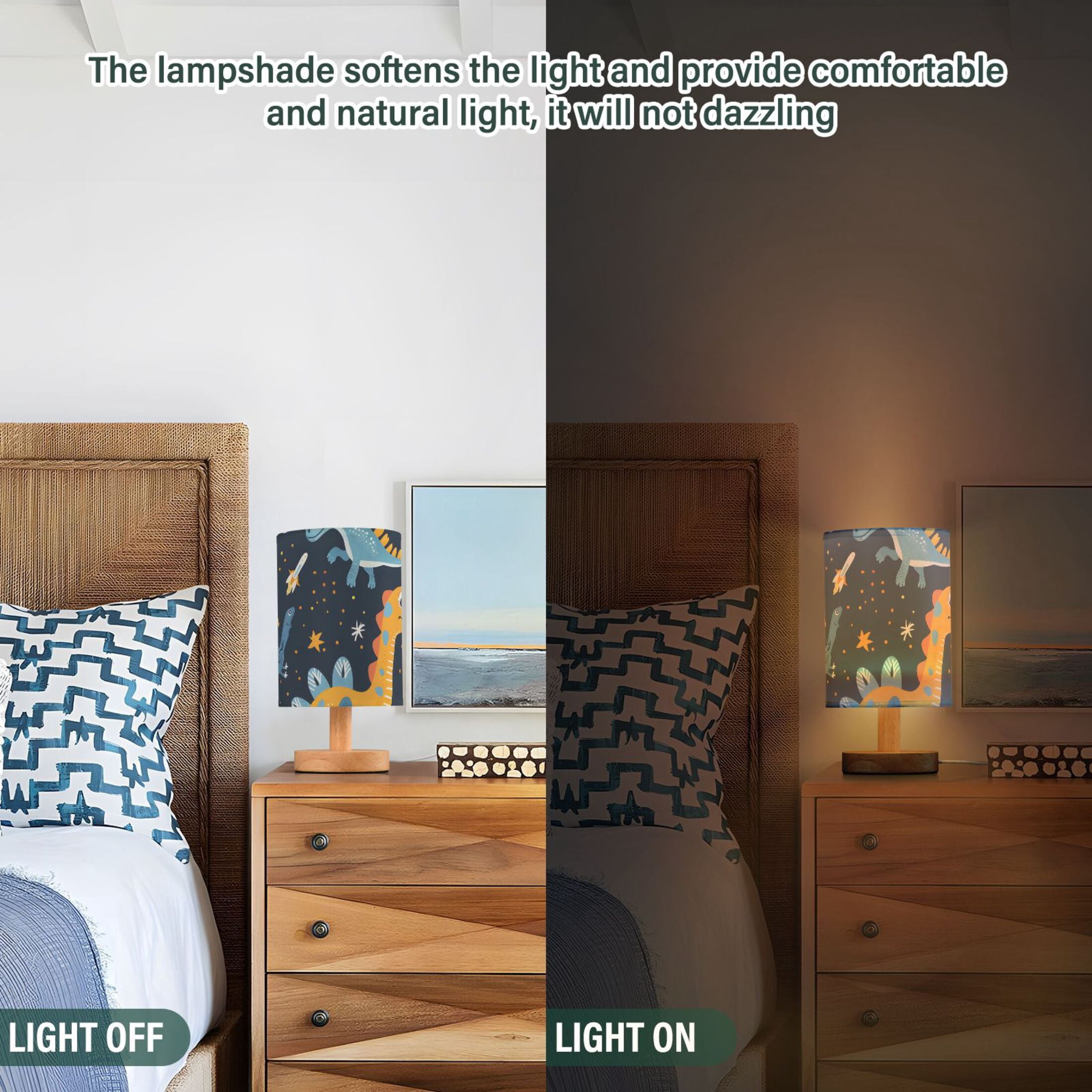 Dinosaurs in Space Table Lamp USB Bedside Desk Nightstand Lamp Printed Gifts Small Lamp Wood Base for Bedroom Living Room Kids Room College Dorm