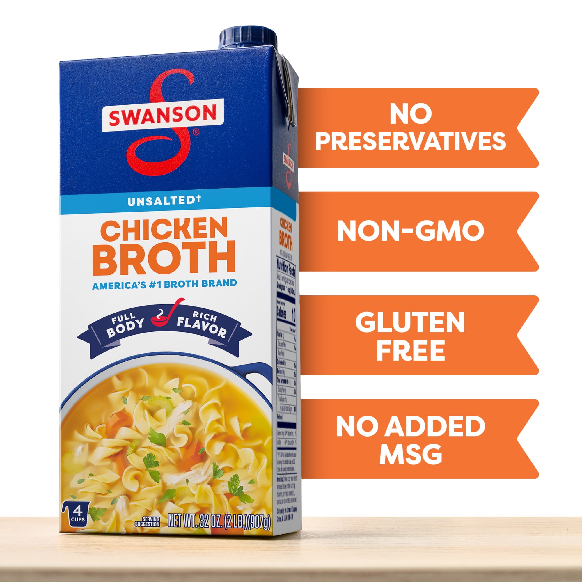 Swanson Unsalted Chicken Broth, 32 oz Carton