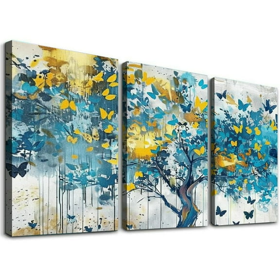 Ullo0ord Large Canvas Wall Art Blue Tree Golden Butterflies Picture Abstract Grey Graffiti Canvas Prints Ready to Hang for Living Room Bedroom Size