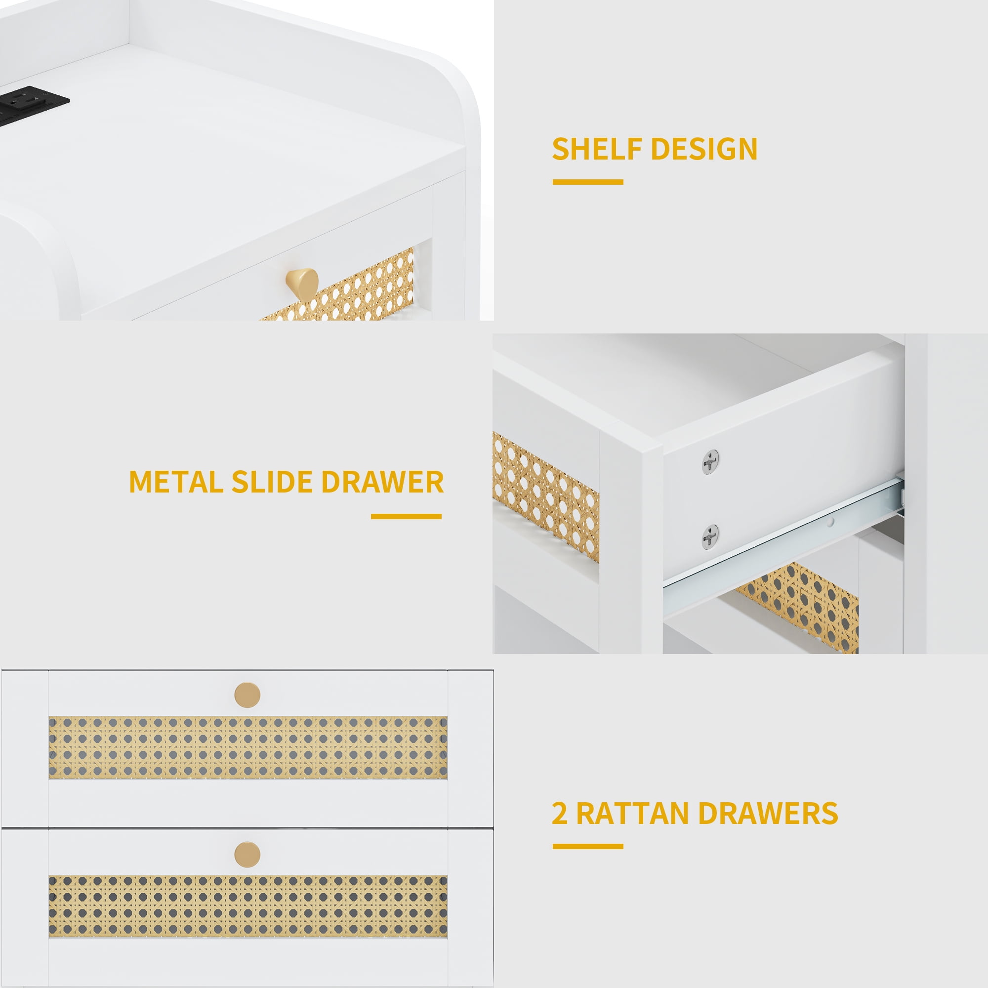 Uforic Wicker Nightstands with 2 USB Ports, UL Certification, 2 Wicker Drawers, and Instruction Manual,White
