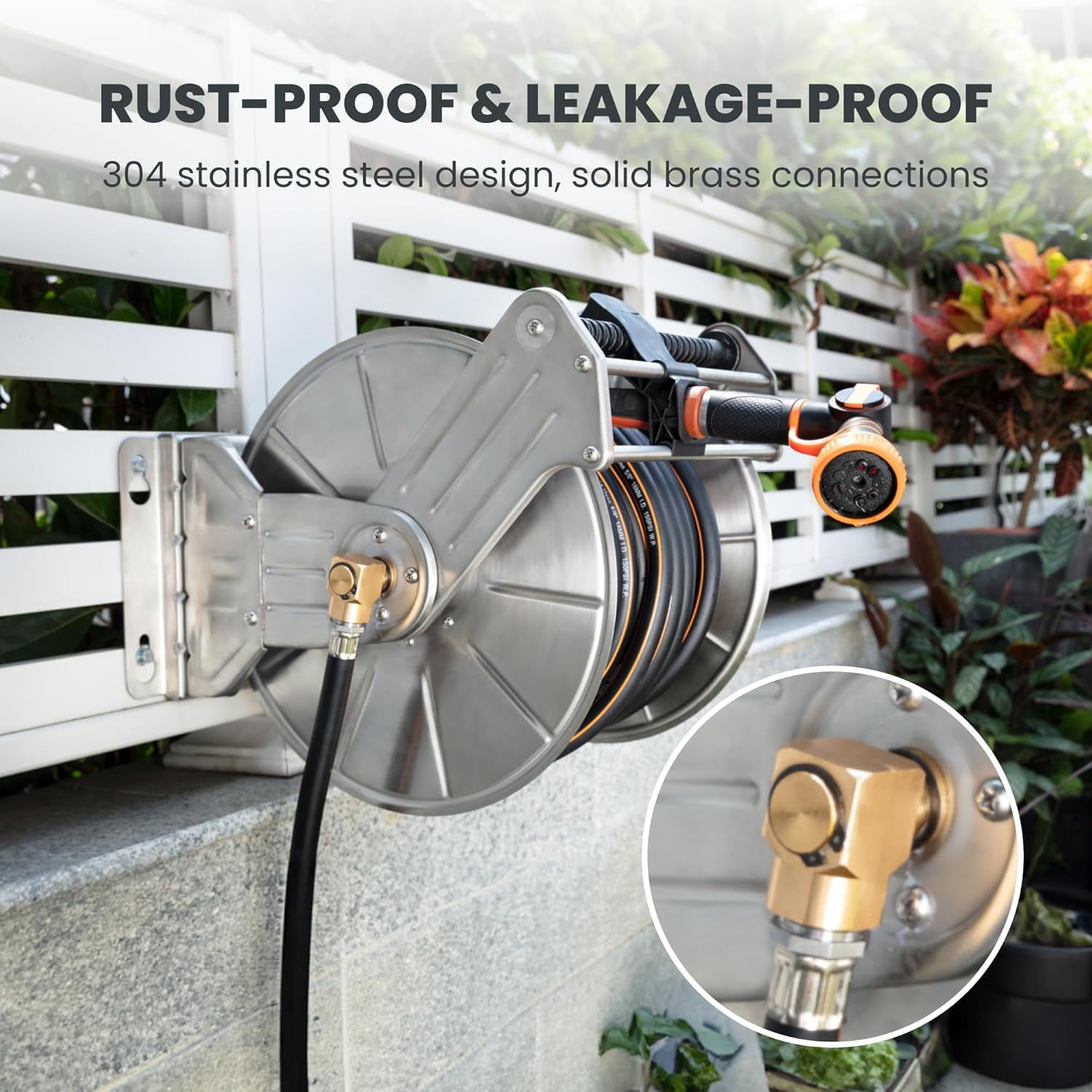 Giraffe Tools Stainless Steel Garden Hose Reel, Heavy Duty, Wall/Floor Mounted with Crank, 5/8in-150ft Hose Capacity