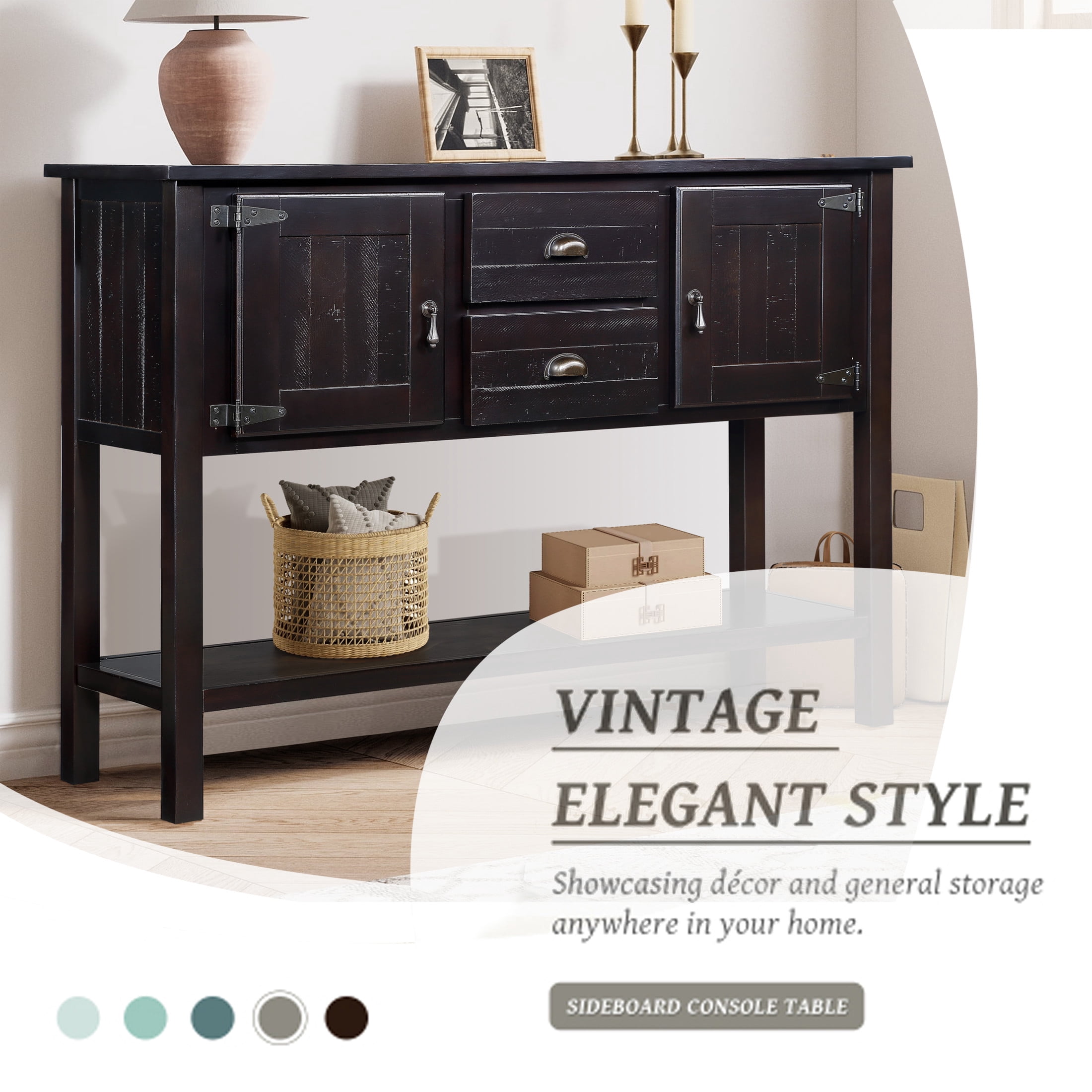 Noble House Warren Modern Entryway Console Table, Pine Wood Frame with Drawers, Cabinets and Shelf, Espresso