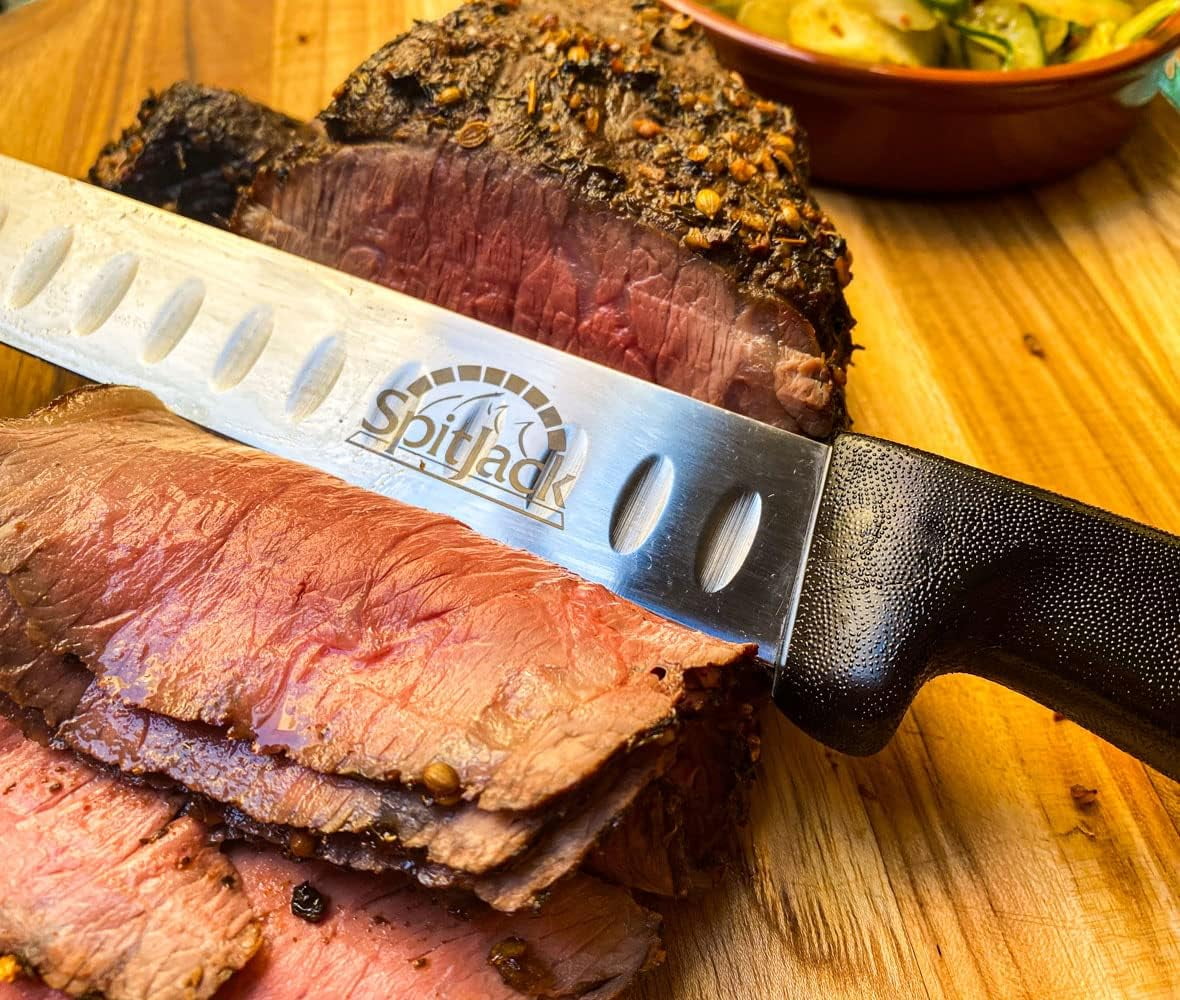 SpitJack Smoked BBQ 6 inch Curved Beef Brisket Trimming and Boning Knife and 11" Meat Slicing Knife Bundle. Stainless Steel.