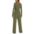 thumbnail image 3 of Women's 2 Piece Matching Lounge Set Long Sleeve Side Ruching Top Wide Leg Drawstring Pants Set with Pockets Army Green S, 3 of 6