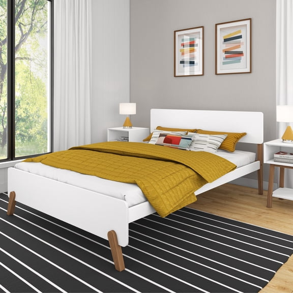 Max & Lily Mid-Century Modern Queen Platform Bed for Kids, Solid Wood, White/Pecan