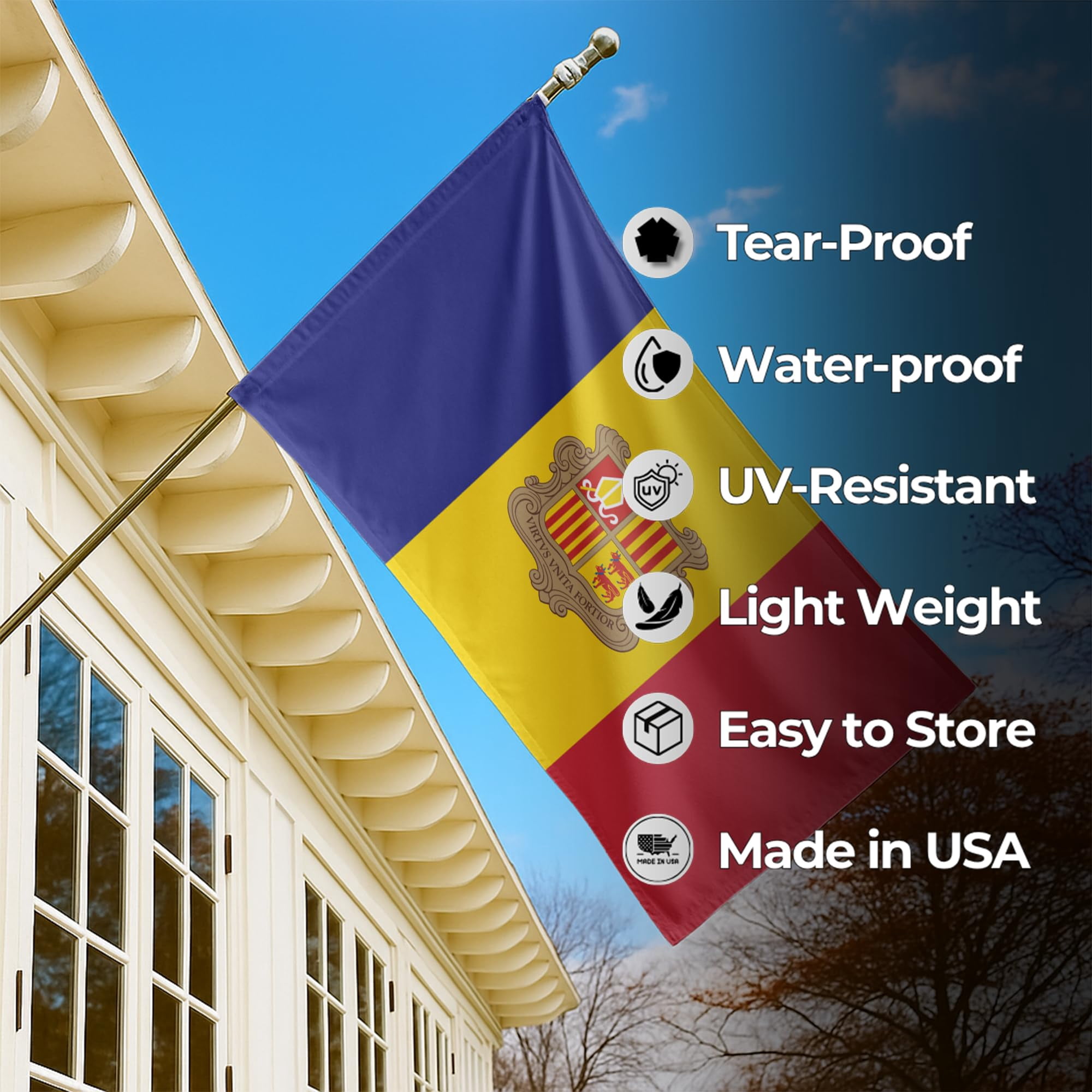Andorra Outdoor Flag (1x1.5ft) by DreamController - Durable, Fade-Resistant Polyester, Double-Stitched, Brass Grommets - HD Printed Southern Europe Flag - Made in USA