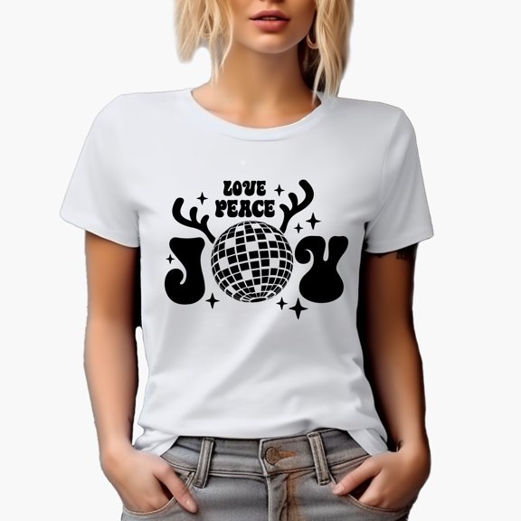 Love Peace Joy with Reindeer Antlers Art, Christmas Merch Gift, White T-Shirt, Small
