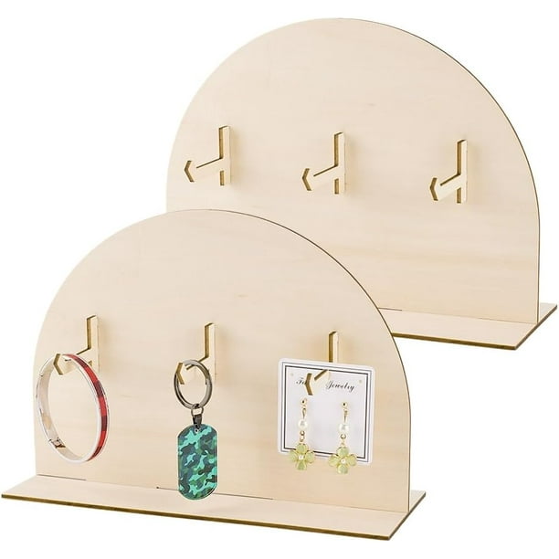 2 soportes de mesa perforados de madera en forma de arco para exhibir pulseras, diademas y otros artículos. Organizador con 3 ganchos.
