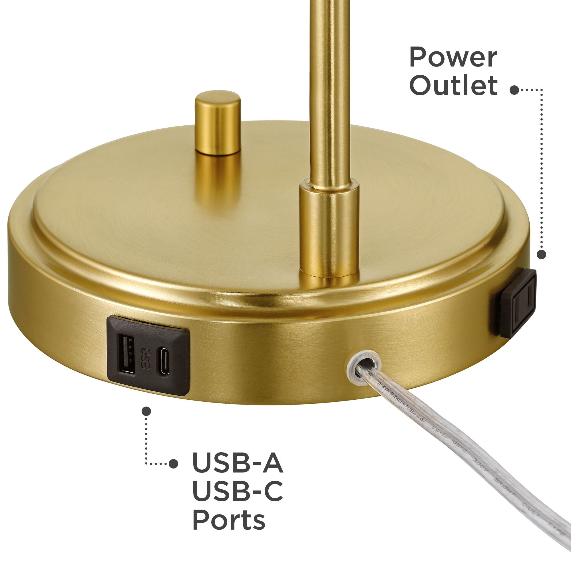 360 Lighting Kelowna 25" High Modern Desk Lamp USB Port AC Power Outlet Gold Antique Brass Finish Metal White Globe Shade Charging