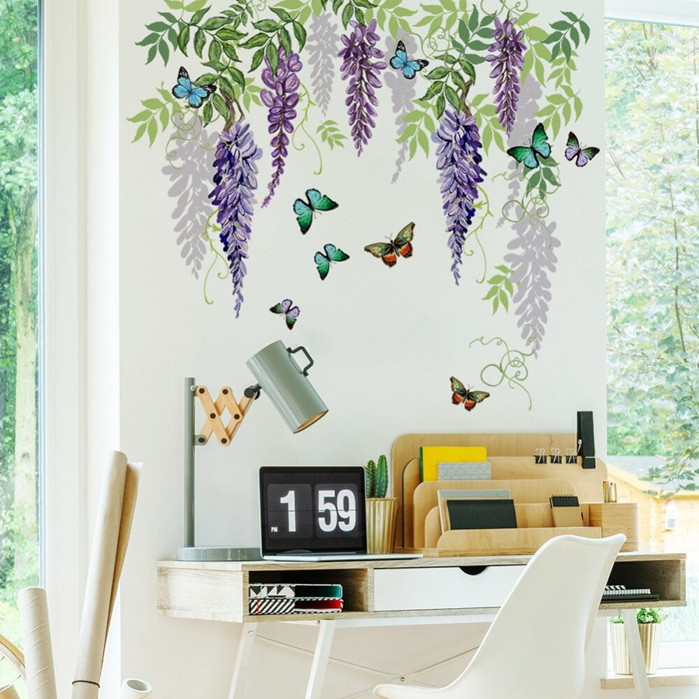 Colorful Flowers Vine Wall Stickers Spring Garden Floral Wall Decals Grass Butterfly Wisteria Flowers Morning Glory Floral Wall Sticker for Girls Bedroom Living Room Corners Skirting Lines Waist Lines