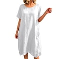 thumbnail image 2 of NTACZA Summer Dresses Side Button Cotton Lien Short Sleeve Round Neck Midi Shift with Pockets Loose Solid Casual Vacation Beach White S, 2 of 6