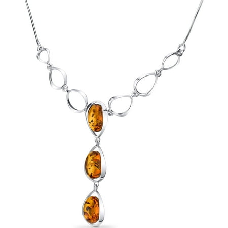 Oravo Oval-Shape 3-Stone Clover Baltic Amber Rhodium over Sterling Silver Pendant, 18