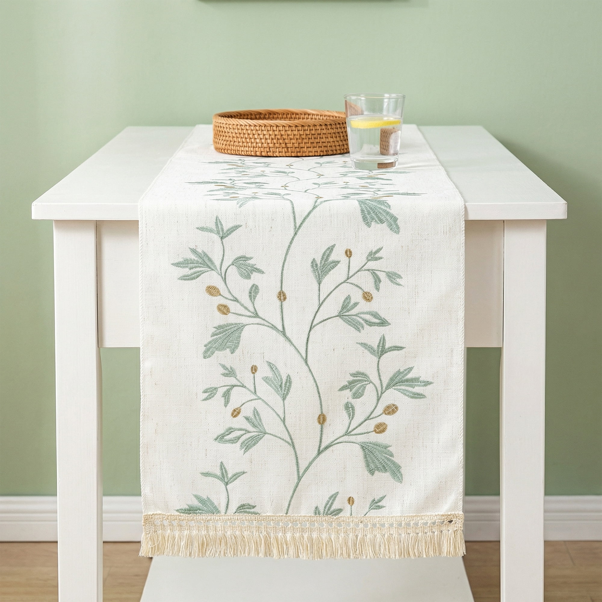 Unique Bargains Long Washable Floral Table Runner for Dining Decor Green 15.4"x63"