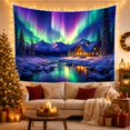 thumbnail image 3 of Aurora Over Snowy Cabin with River, Serene Celestial for Nature Lovers, Northern Lights Wall Art, Christmas Gift, Tapestry Wall Hanging for Bedroom and Living Room, 3 of 7