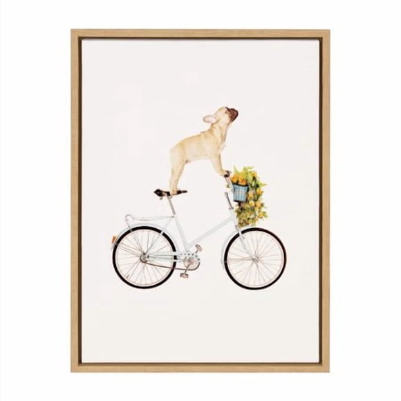 Kate and Laurel Sylvie Frenchie Bulldog Framed Canvas Wall Art By Amy Peterson 18x24 Natural Adorable Whimsical Dog Decor