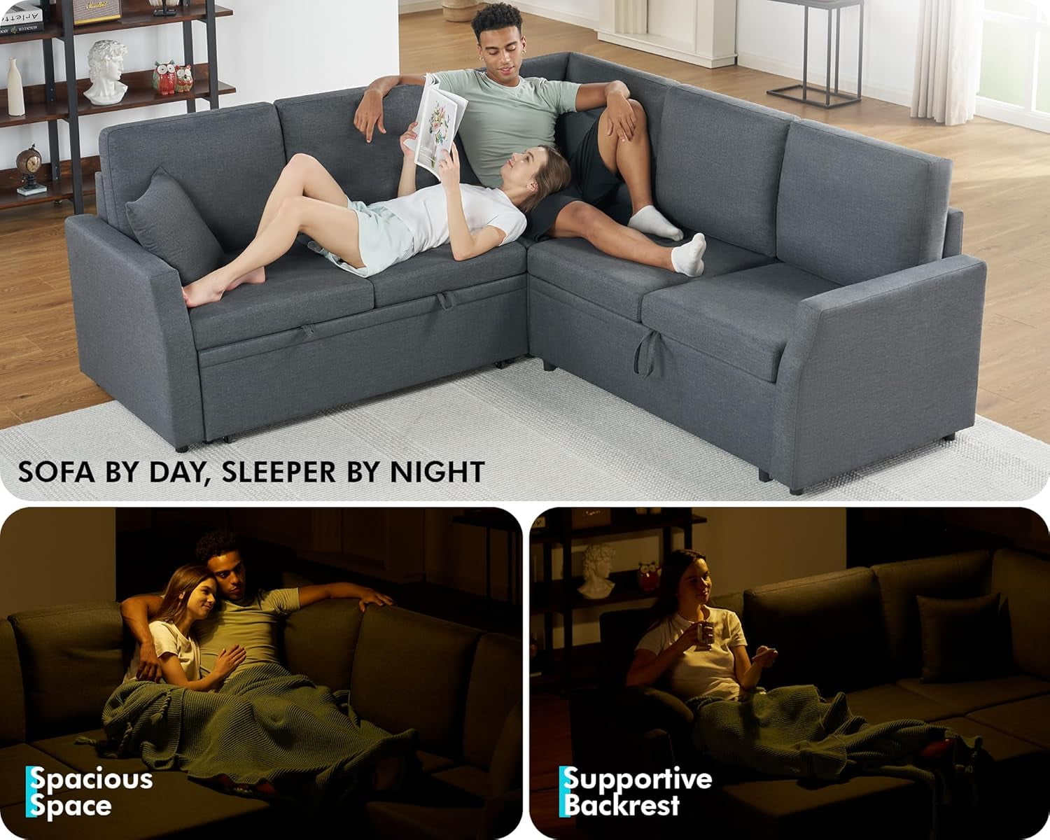 VANACC 85" L Shaped Sleeper Sofa Bed with Pull Out Bed and Storage Seat, Grey Linen Sectional Couch for Living Room Apartment