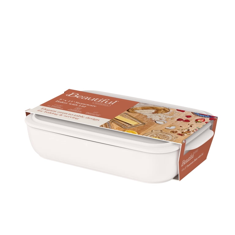 Beautiful 9”x 13” Stoneware Baker with Plastic Lid, Porcini Taupe