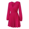 thumbnail image 3 of Leadingstar Women Solid Long Sleeve Elastic Waist Wrap V-Neck Fit Flare Dress Burgundy L, 3 of 9