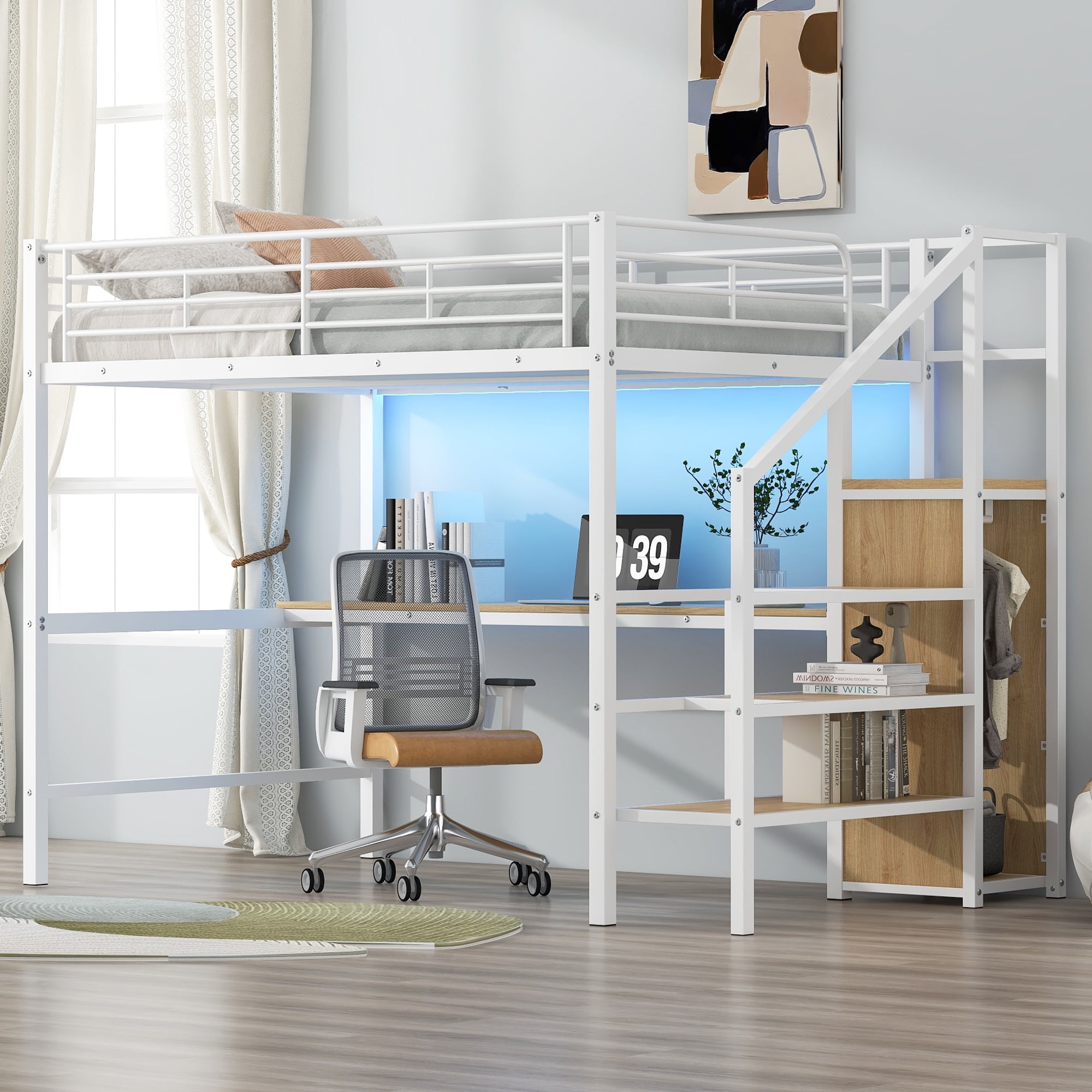 Euroco Metal Full Size Loft Bed with Desk and LED Light, Storage Staircase and Open Wardrobe, White