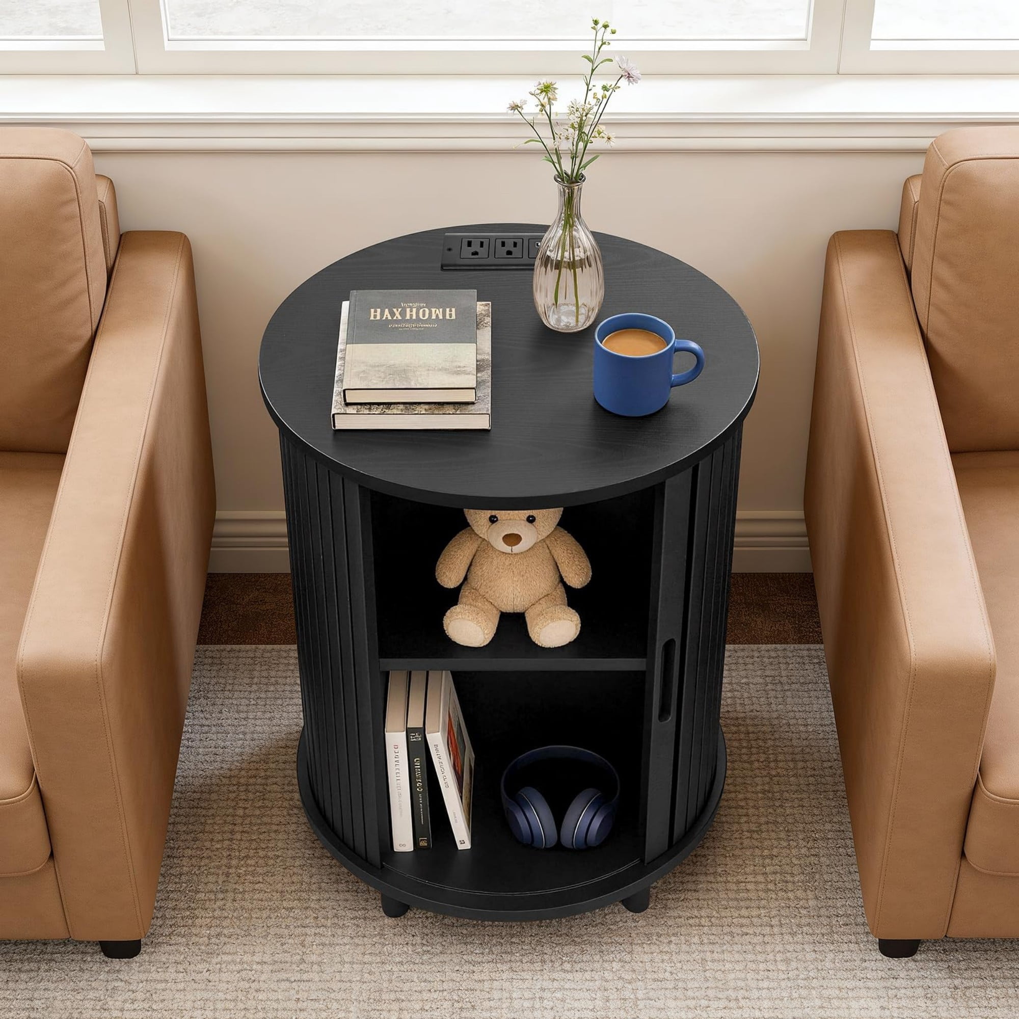 Round End Table with Charging Station, Fluted Nightstand with Sliding Door & Adjustable Shelf, Mid Century Side Table, Black