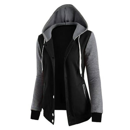 Women's Hoodies Jacket Pullover Tops Outwear with Pockets, Red / Black Long Sleeve Hooded Button Front Baseball Sweatshirt Tracksuit Coat for Sports for Women, S-XL